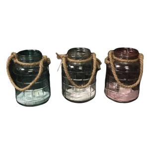 Windlicht glas met jute hengsel (incl. waxinelicht)